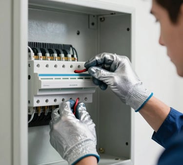A close-up photograph of a professional electrician's hands in silver mist gloves carefully wiring a modern white electrical panel inside a bright, off-white room.