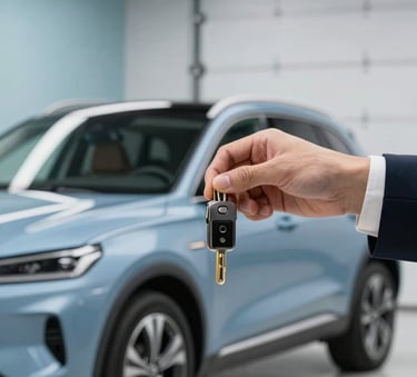 A close-up shot of hands in a professional setting handing over keys to a Steel Blue SUV. The background is a soft-focus modern garage with Misty Blue accents.