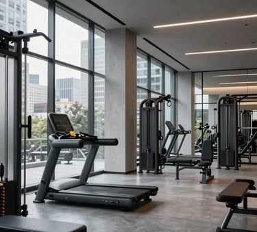 A high-end, minimalist architectural shot of a modern gym in a North American city, featuring sleek glass walls, polished concrete floors, and matte charcoal equipment under soft, sophisticated lighting.