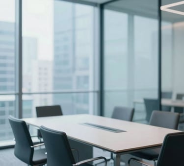 A high-end, minimalist corporate office meeting room with glass walls and professional atmosphere, incorporating shades of #1E3A5F and #A7B9C7.