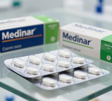 Close-up photograph of premium pharmaceutical blister packs and medicine boxes on a clean glass surface. The focus is sharp on the professional Medinar branding in navy blue and green tones, set against a bright, sterile background with soft corporate lighting.