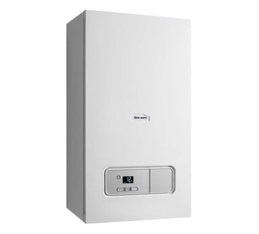 Modern white Glow-worm wall-mounted combi gas boiler with digital temperature display.