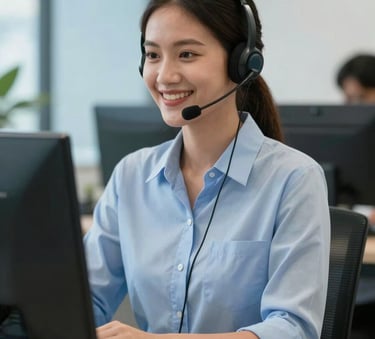 A friendly customer service professional in a modern Southeast Asian / Indonesian workspace, wearing a headset and smiling, environment decorated with Sky Blue and Soft Mist Blue elements.