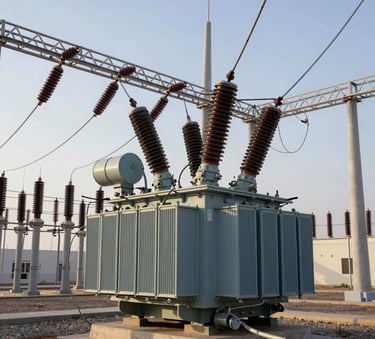 A detailed photograph of a modern electrical substation in a Middle Eastern industrial area, showcasing high-voltage transformers and Steel Blue switchgear components under a bright morning sun.