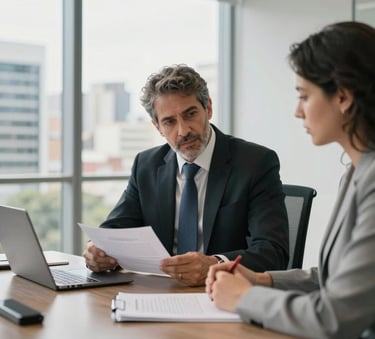 A professional business meeting in a bright, modern office in a South American Brazilian city, where an advisor and a client are looking at documents on a sleek table, natural light, high-end professional photography.