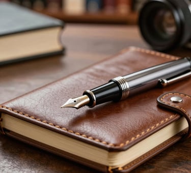 Detailed close-up of a fountain pen and a leather notebook on a desk in a European Portuguese library environment, professional and elegant atmosphere.