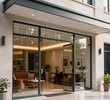 A bright and spotless modern apartment building entrance in a South American / Hispanic city, featuring polished floors, glass doors, and elegant furniture, natural lighting, professional photography style.