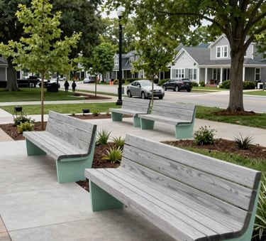 A wide-angle, bright photograph of a local community park renovation in a North American / US neighborhood, showing modern wooden benches and newly planted trees, reflecting forest sage and soft mint grey tones.