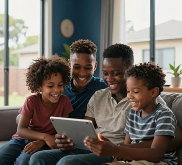 A family in a Southern African suburban home, sharing a digital tablet and laughing together in a bright, modern living room with deep blue accents and large windows.