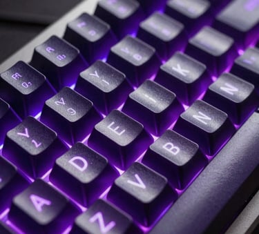 Macro photography of a high-end mechanical keyboard. The keys are dark, with crisp silver-white lettering and vibrant electric purple light glowing from beneath the keys. Bokeh background of a dark studio.
