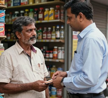 A South Asian / Indian man showing his small retail shop to a bank official, professional interaction, Varanasi street context, cinematic lighting, photography.