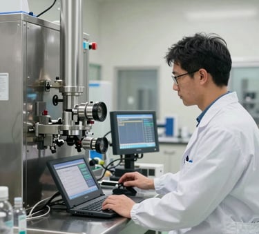 A clean, high-tech pharmaceutical manufacturing suite in a North American facility, featuring stainless steel equipment and a professional technician in a white lab coat monitoring digital screens, lit with bright off-white and soft light blue tones.