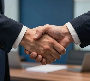 A close-up photograph of a professional handshake between two business partners in a high-end North American office. The focus is sharp on the hands, with a soft-focus background of a deep blue wall and a professional desk set. The lighting is warm and fosters confidence.