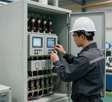 A professional electrical engineer in a North American industrial setting performing testing on a large power distribution unit. The composition is a medium shot showing high-tech testing equipment with digital readouts. The atmosphere is focused and safe, with off-white and grey machinery.