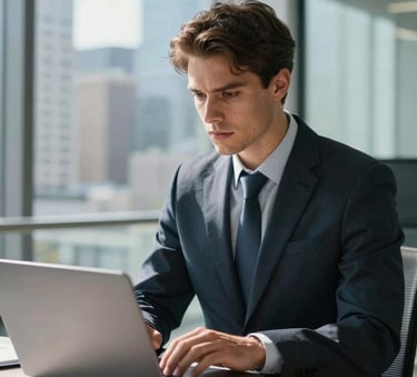 A focused North American recruiter in a modern, sun-drenched glass office, looking at a laptop with a professional and determined expression. The composition is a medium shot with a blurred city background, emphasizing speed and professional focus using deep charcoal and bright blue accents.