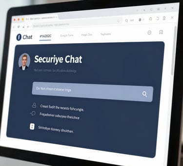 A close-up of a professional computer screen showing a secure chat interface, with a clean and modern office background in the soft blur. The color palette features #1A202C and #A0AEC0, creating an efficient and trustworthy atmosphere.