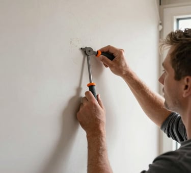 Professional photography of a craftsman working on a plasterboard wall in a Dutch home. High-quality tools visible. Sharp focus, bright daylight, Northern European setting.