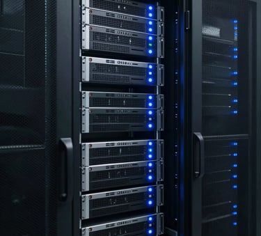A sleek and modern server rack in a secure data center with soft blue status lights. The composition is professional and orderly, suggesting high-end technological infrastructure in a South American / Brazilian facility.