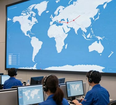 A professional customer support center for a shipping line, with staff in ocean blue uniforms looking at large digital displays showing global shipping routes in mist white and sky blue.