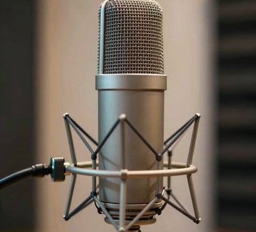 A close-up of a professional condenser microphone in a soundproof studio booth. The lighting is soft and warm, featuring professional equipment with subtle highlights of #8D6E63 and #BCAAA4 against a clean background.