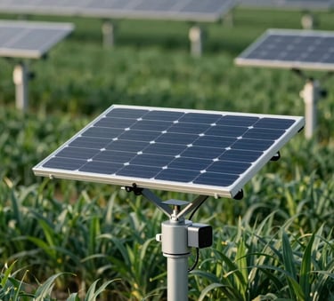 A close-up of high-tech smart solar trackers positioned over green crops in the PACA region. The lighting is crisp and professional, highlighting the integration of technology and nature with deep emerald #2E7D65 tones and solar highlights #E7C66B.
