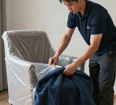 Professional movers carefully wrapping a designer armchair in protective plastic and navy blue moving blankets, indoor setting, soft professional lighting, focus on precision and care.