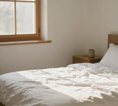 A bright, sunlit bedroom with a neatly made bed, fresh clean linens, warm natural light streaming through a window, 35mm lens.