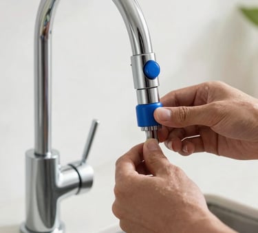 Close-up of a professional installing a modern chrome kitchen faucet, focus on the hands and clean tools, bright morning light in a French / Southern France home, electric blue accents.