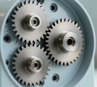 A macro photograph of internal high-tech mechanical gears from a household machine, illuminated with soft blue-grey and off-white light, suggesting precision and technical complexity.