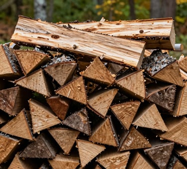 A neatly organized stack of split, seasoned hardwood firewood outdoors in a North American / US backyard during autumn. The wood shows natural tan and brown textures against a soft-focus background of forest green foliage. Professional photography with bright, natural lighting.