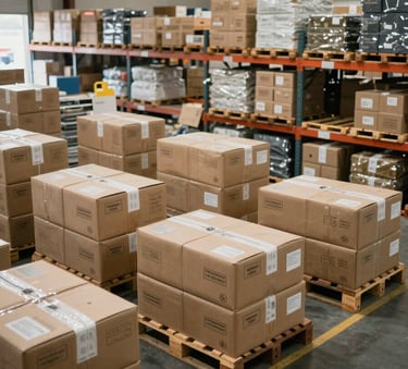 A wide shot of a North American distribution center featuring custom packaging solutions and well-maintained pallet inventories under soft daylight.