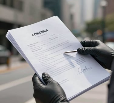 Close-up of a delivery professional's gloved hands holding legal documents in a South American / Colombian office district, Metallic Silver and Charcoal Grey tones, sleek and trustworthy atmosphere.