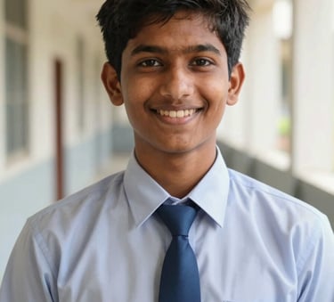 A close-up photograph of a smiling South Asian / Indian student in a professional school uniform with a Slate Blue tie, standing in a bright corridor of the school in Shahnoor, soft natural lighting, high quality portrait.