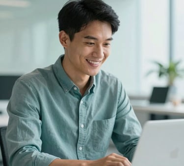 A professional entrepreneur in a bright, modern office smiling while looking at a laptop, soft teal and light misty aqua color palette, clean and airy composition, professional photography style.