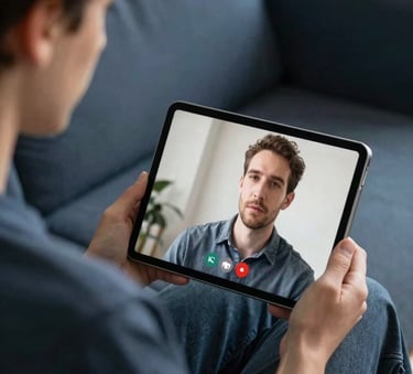 A close-up photograph of a person in a comfortable home environment, sitting on a sofa and looking calmly at a tablet screen during a video consultation. The lighting is soft and natural, with a palette featuring dark slate blue and soft blue-grey accents in the furniture and decor.