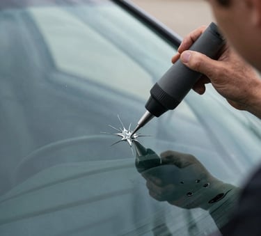 A close-up photograph of a professional technician applying clear resin to a small star-shaped crack on a car windshield using a precision bridge tool, North American driveway setting, daylight, steel blue and light blue reflections on the glass.