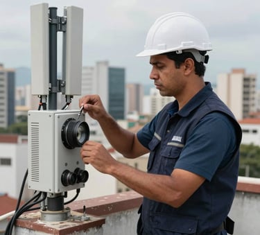 A professional engineer in a South American / Brazilian metropolitan setting wearing a dark blue vest, inspecting telecommunications equipment on a rooftop with a blurred city skyline.