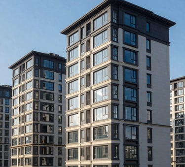 A row of newly constructed, high-end townhouses in a North American urban development under a clear blue sky, crisp professional architectural photography.