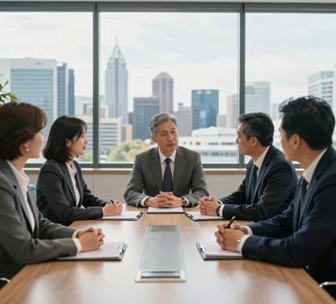 A professional business meeting in a bright, modern Australian boardroom overlooking a city skyline. The composition is clean and sophisticated with natural sunlight, featuring professionals in smart corporate attire engaged in serious discussion, reflecting expertise and trust.