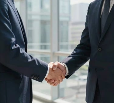 Two professional business partners in dark navy blue suits shaking hands in a modern, sunlit glass office environment, representing trust and corporate partnership.