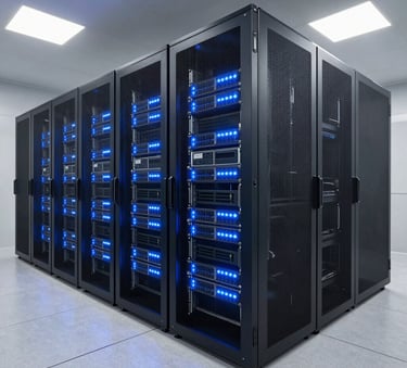 A high-end server room with glowing blue lights on data racks, wide angle photography in a Brazilian enterprise facility, clean and modern atmosphere.
