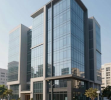 A sleek, modern commercial office complex in Faridabad with large glass windows and architectural detail. The image is captured during the day with clear blue skies, emphasizing a clean and professional business environment. The scene includes hints of soft sage green landscaping and warm stone accents.
