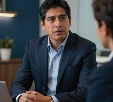 A professional and compassionate funeral advisor in a modern South American / Peruvian office, dressed in a dark suit, speaking calmly. The lighting is soft and supportive, featuring a palette of Deep Midnight Blue and Muted Steel Blue in the interior design.