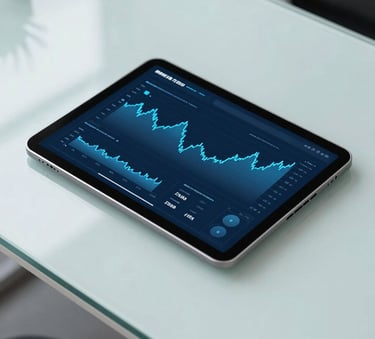A high-angle shot of a clean, modern glass-topped desk with a digital tablet displaying financial growth charts and blue data visualizations. The lighting is bright and professional, incorporating subtle #21598B and #F0F8F8 tones in the office environment.