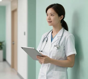 A professional healthcare consultant standing in a modern North American clinic corridor, holding a digital tablet, clean minimalist interior with seafoam green and white walls, bright natural lighting.