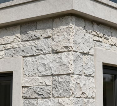 A close-up photograph of high-quality modern masonry work on a North American luxury home, showcasing precise stone placement and clean lines under bright natural daylight.