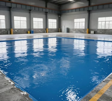 A wide-angle professional photograph of a large industrial warehouse floor being treated with a chemical resistant, steel blue liquid coating. The space is bright and reflects an atmosphere of high-quality industrial maintenance.