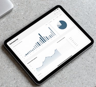 A clean, analytical top-down photograph of a tablet displaying a professional data dashboard with minimalist lines and graphs. The surrounding surface is a light grey polished stone in a North American office setting, emphasizing precision.