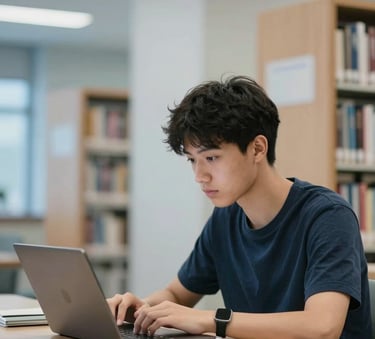 A focused student studying with digital devices in a modern North American / US university library, surrounded by professional blue and pale mist accents, soft natural lighting.