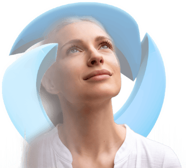 A blonde woman smiling and looking up, framed by a blue circular abstract graphic symbol for health and wellness